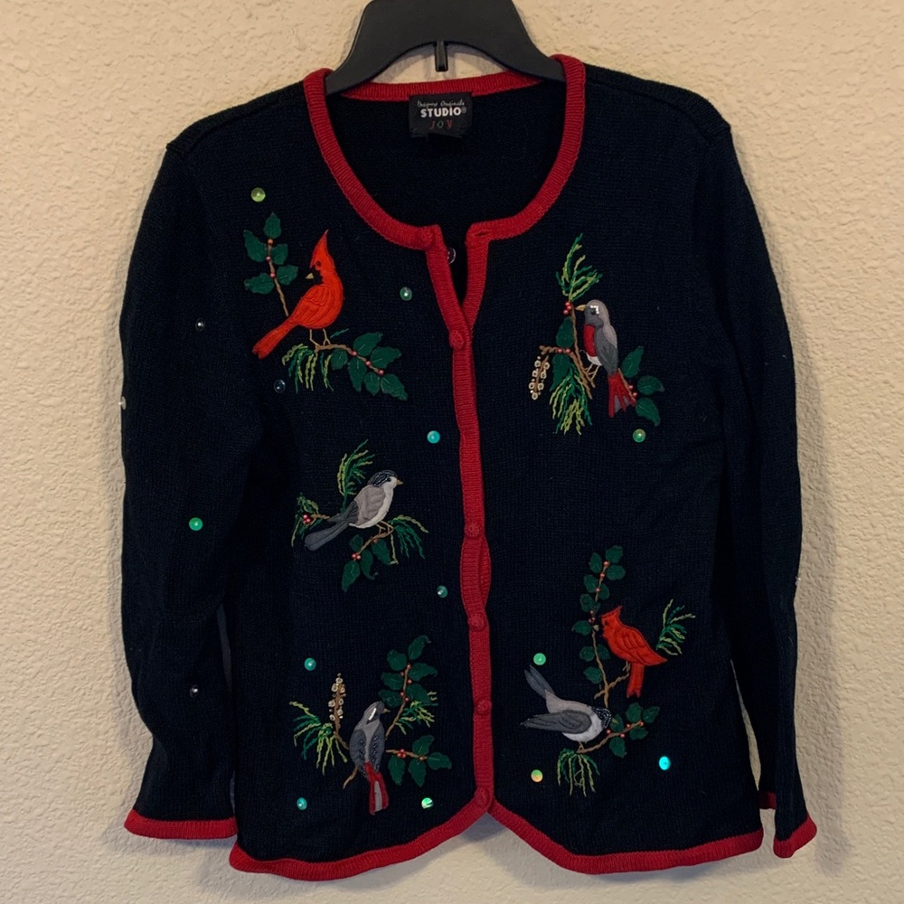 Designers Originals cardigan sz M embroidered grandma vintage birds Christmas *